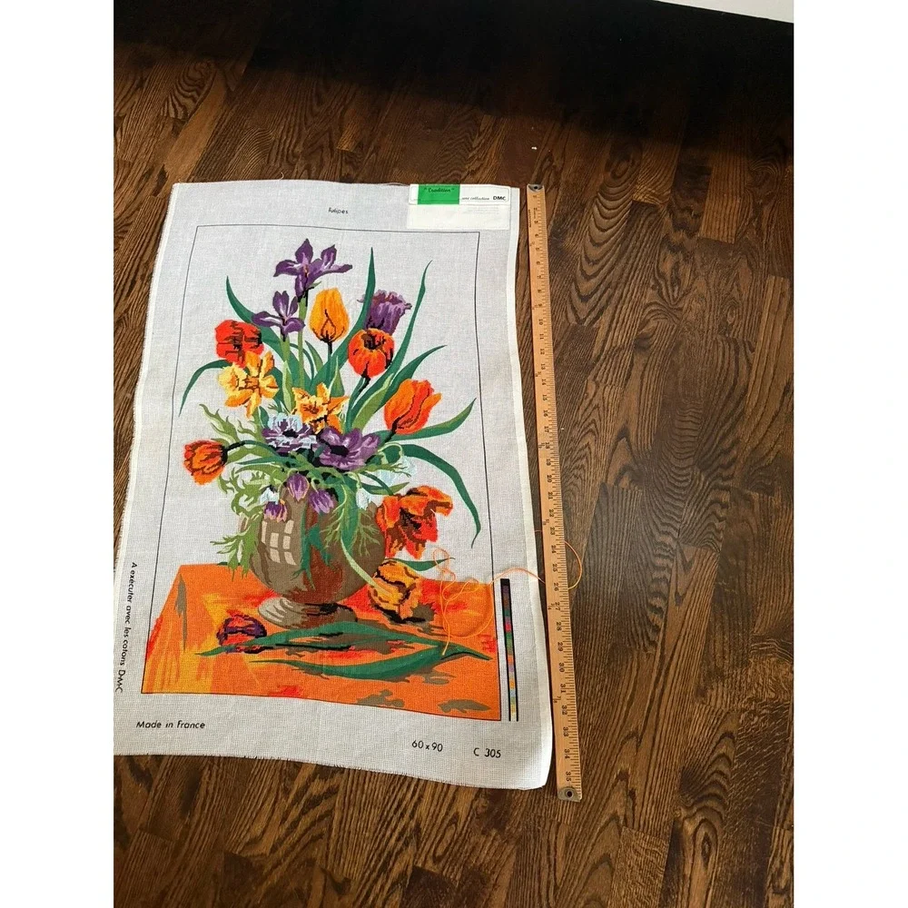 Large French Needlepoint 'tulips'. Partially finished